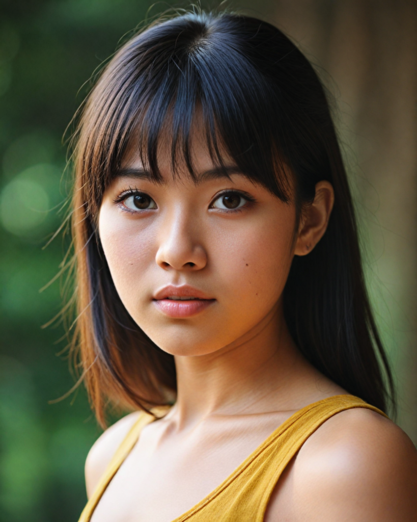 a detailed and realistic upper-body photo from a young Asian girl, with long straight very soft dark hair, bangs cut, round face, beautiful light amber eyes, full lips looks at the viewer, she wears a short cropped tank top