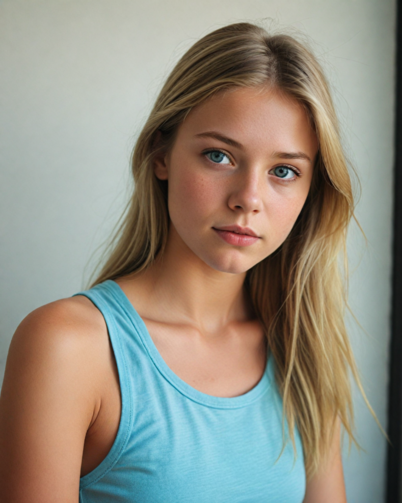 a detailed and realistic upper-body photo from a young girl, with long straight very soft light blond hair, round face, beautiful light blue eyes, full lips looks at the viewer, she wears a short cropped tank top