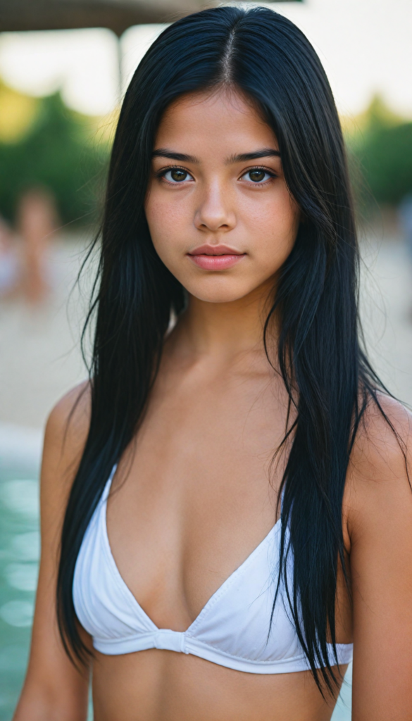 a upper-body portrait from a cute young girl with long, straight black hair, super detailed face, detailed eyes, full lips, white bikini