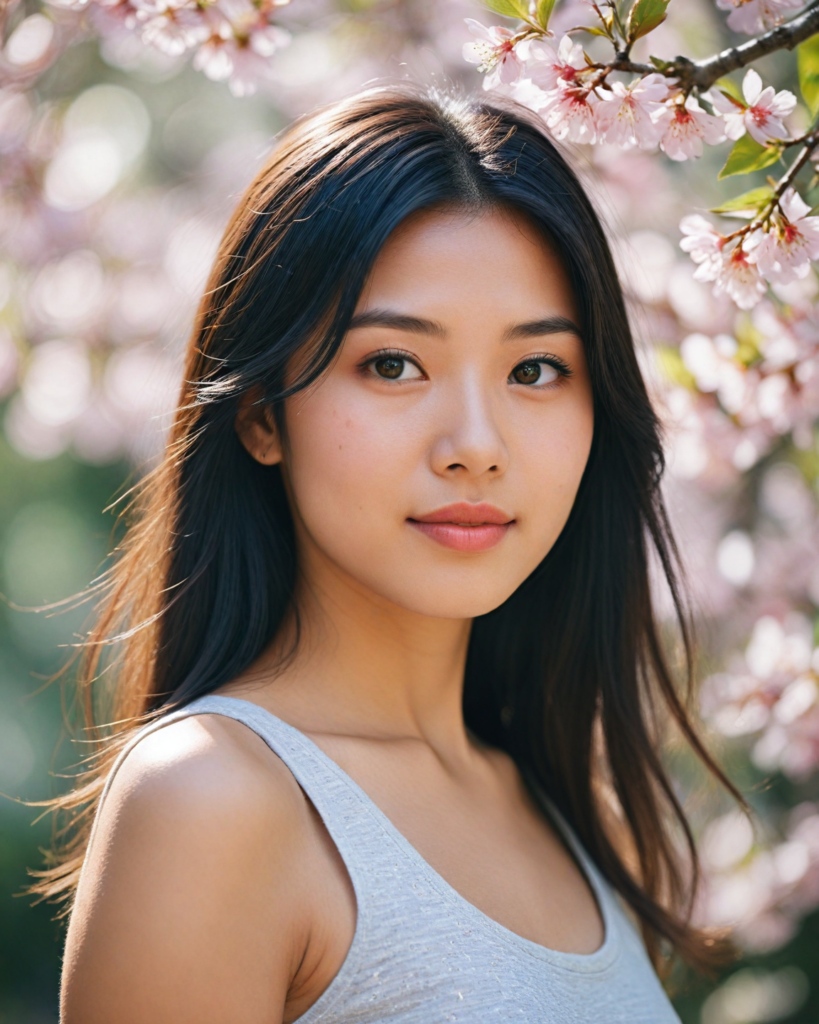 a beautifully captured upper-body portrait of a young Asian girl with long, silky dark hair cascading down her shoulders, elegantly highlighted by subtle sunlight. She has charming bangs framing her round face, which glows with youthful radiance. Her striking light amber eyes, reminiscent of shimmering honey, sparkle with curiosity as they engage the viewer directly. Her full lips are slightly curved into a gentle smile, adding warmth to the scene. She's dressed in a stylishly cropped tank top adorned with intricate floral patterns, infused with vibrant colors, set against a softly blurred, dreamy background of blooming cherry blossoms, evoking a sense of springtime wonder and innocence, reminiscent of a blend between contemporary portrait photography and soft impressionistic art.