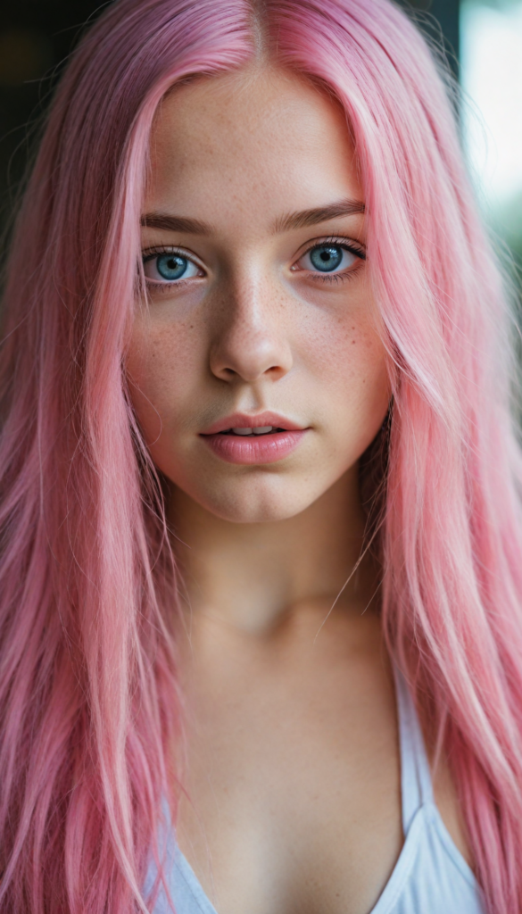 a upper-body portrait from a cute young girl with long, straight pink hair, super detailed face, detailed eyes, full lips, white bikini