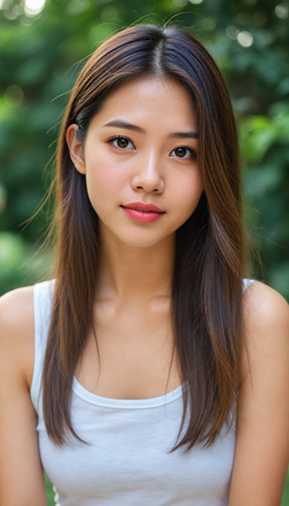 a (beautifully realistic cute Taiwanese teen girl), with long, flowing, voluminous, light brown soft hair, flawless (porcelain skin), a small flawless nose, and rosy red lips, dressed in a (plain very short tight revealing translucent tank top), posing confidently, Malaysian