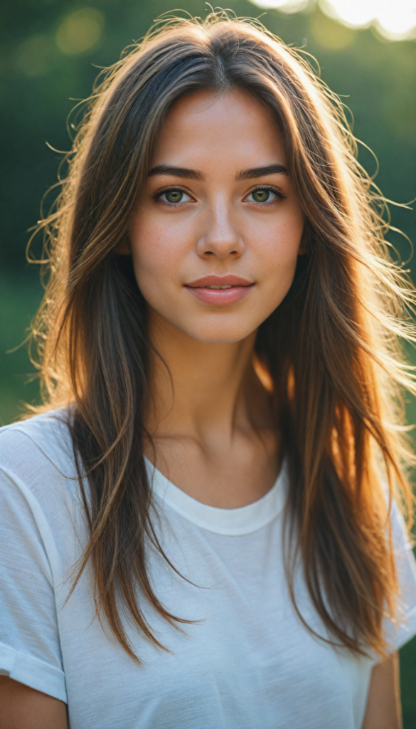 a stunning and gorgeous young girl with soft, long straight jet gold hair, captured in a perfect portrait style. She wears a simple white t-shirt that contrasts beautifully with her radiant features. The background is a dreamy, blurred landscape bathed in soft pastel colors, reminiscent of an impressionist painting. The lighting is warm and ethereal, highlighting her expressive eyes and gentle smile, evoking a sense of serenity and grace.