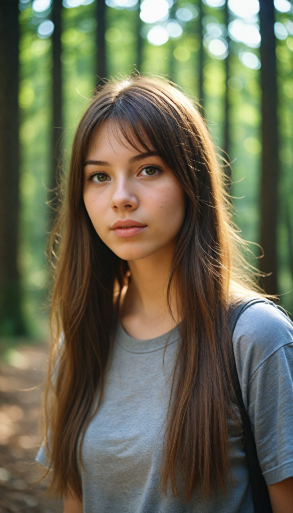 high detailed and realistic upper body portrait from a breathtakingly beautiful natural (18-year-old girl) with warm amber eyes and luxuriously thick (light brown detailed long smooth straight hair, bangs), full lips, (wears a light brown form-fitting plain t-shirt that support her perfect body, stands in an autumnal forest)