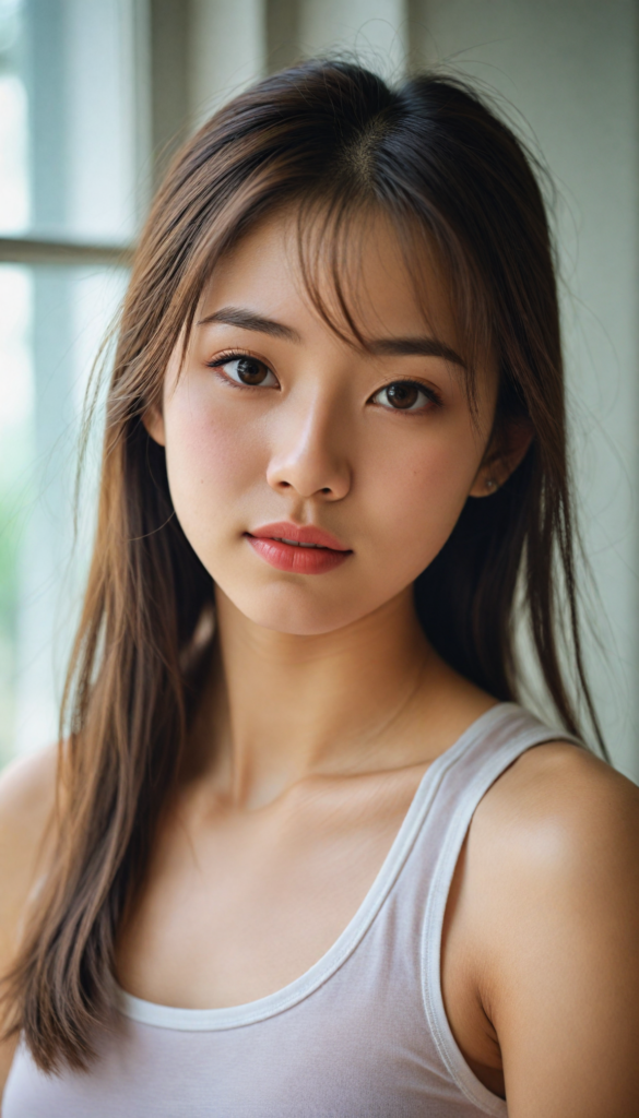 a (beautifully realistic cute Japanese teen girl, she looks seductive), with long, flowing, voluminous, light brown soft hair, flawless (porcelain skin), a small flawless nose, and rosy red lips, dressed in a (plain very short tight revealing translucent tank top), posing confidently, Korean