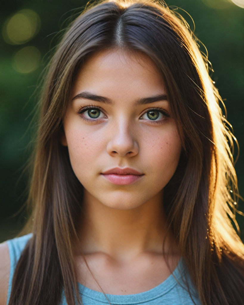 a detailed and realistic upper-body photo from a young girl, with long straight very soft hair, round face, beautiful eyes, full lips looks at the viewer, she wears a short cropped tank top