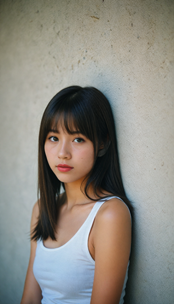 visualize a cute picture: a detailed teen girl, with soft straight very long jet brown hair, bangs cut frame her round face, exuding a sense of melancholy and loneliness, full red lips, (white cropped short tank top made of fine wool) which perfectly shaped her body), view from above (against a wall backdrop)