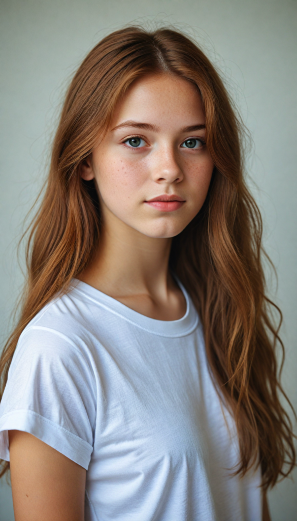 a stunning young detailed girl, soft long auburn hair, perfect portrait, white t-shirt