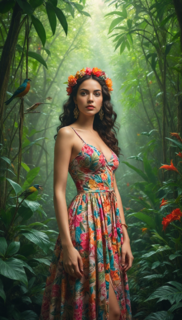 a breathtaking scene featuring a gorgeous and stunning girl with cascading hair, adorned in vibrant tropical flowers, standing amidst a lush jungle. Sunlight filters through dense green foliage, creating a magical dappled effect on her skin. She wears an elegant, flowing dress made of leaves and petals, blending seamlessly into the vibrant surroundings. The jungle teems with life; colorful birds flit through the air, and exotic plants frame the scene. The style combines elements of 21st-century fashion photography with the vivid colors and surreal details found in the works of artists like Henri Rousseau and Frida Kahlo.