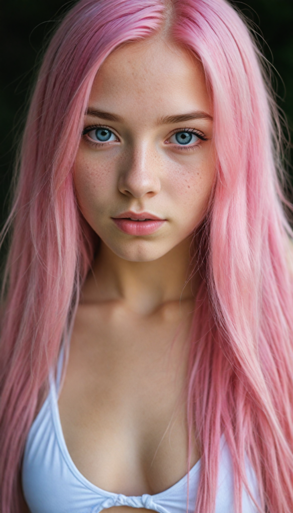 a upper-body portrait from a cute young girl with long, straight pink hair, super detailed face, detailed eyes, full lips, white bikini