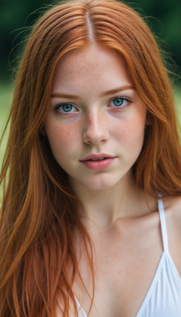 a upper-body portrait from a cute young girl with long, straight red hair, super detailed face, detailed eyes, full lips, white bikini