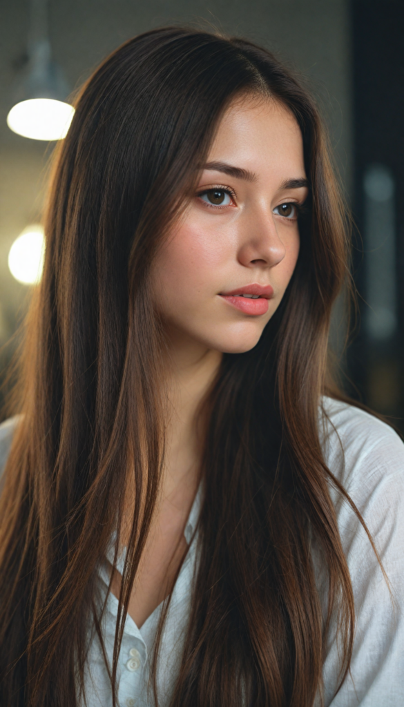 visualize a picture: a detailed girl, with soft straight very long jet brown hair