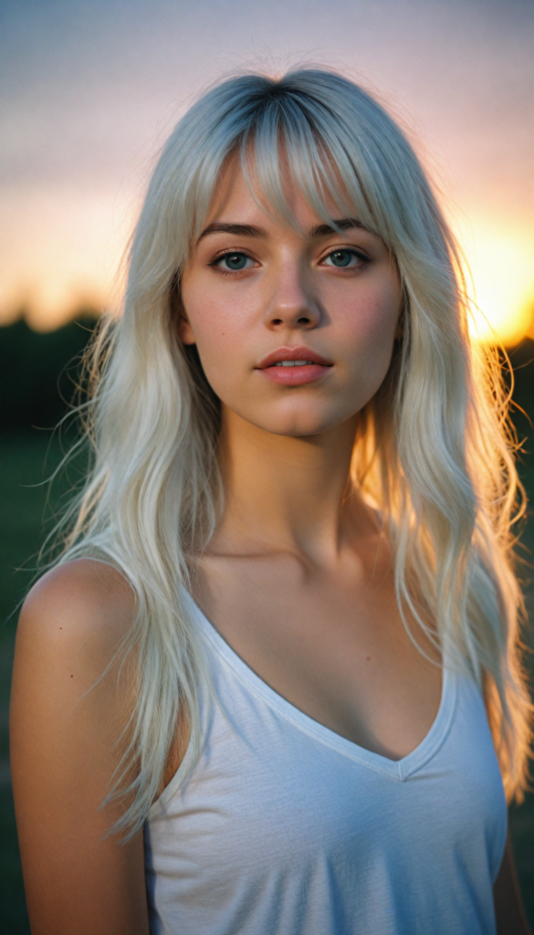 a (cinematic scene) featuring a (very cute well busty teen girl), with details like a side-perspective hairstyle featuring bangs, straight, (detailed long white hair), an angelically perfect facial structure, and a super short, tight, (plain fine tank top, deep v-neck), all against a backdrop of a (softly glowing, side-perspective) sunset