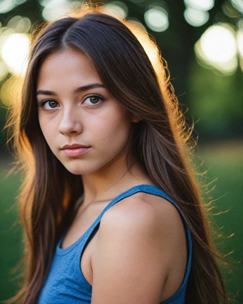 a detailed and realistic upper-body photo from a young girl, with long straight very soft hair, round face, beautiful eyes, full lips looks at the viewer, she wears a short cropped tank top