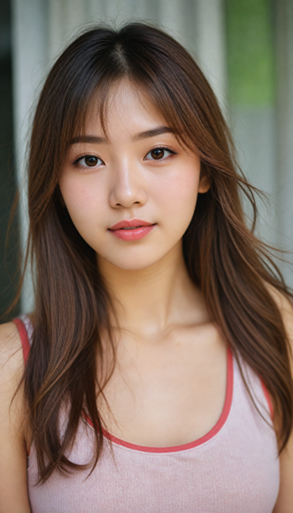 a (beautifully realistic cute Japanese teen girl, she looks seductive), with long, flowing, voluminous, light brown soft hair, flawless (porcelain skin), a small flawless nose, and rosy red lips, dressed in a (plain very short tight revealing translucent tank top), posing confidently, Korean