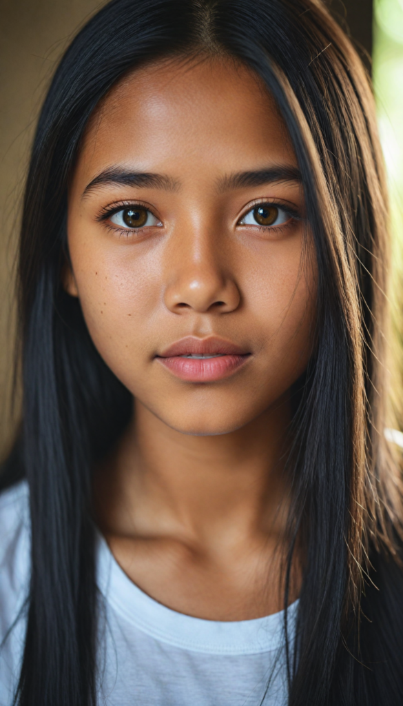 a stunning young detailed Indonesian girl, beautiful eyes, full lips, soft long obsidian straight hair, perfect portrait, white t-shirt