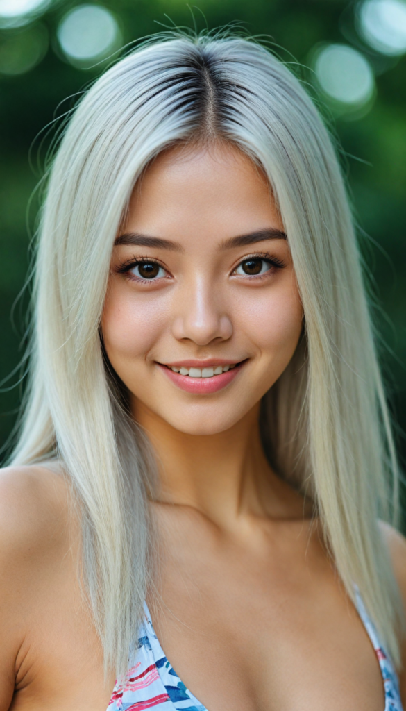 an Asia teen girl, (realistic detailed, shiny, straight platinum hair), realistic face, perfect curved body, lightly dressed in a bikini, beautiful saturation, ultra high resolution, deep shadow, (best quality, masterpiece), highly detailed, looking at viewer, warm smile, 4k, (portrait shot) (gorgeous) (attractive) (stunning)