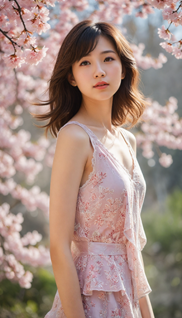 a stunningly realistic portrayal of a whimsical Japanese teen girl, with cascading, voluminous waves of silky light brown hair adorned with delicate cherry blossom clips, her flawless porcelain skin glowing softly in the warm sunlight, featuring a petite, perfectly shaped nose and inviting rosy red lips. She is dressed in an ethereal, sheer tank top that dances with the breeze, revealing intricate patterns of lace, as she poses confidently against a backdrop of vibrant cherry blossom trees, capturing the essence of springtime grace and youth. The scene is infused with a dreamy, pastel color palette reminiscent of Impressionist painters, evoking a sense of tranquility and beauty.