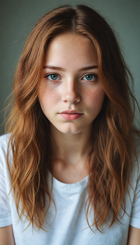 a stunning young detailed girl, soft long auburn hair, perfect portrait, white t-shirt