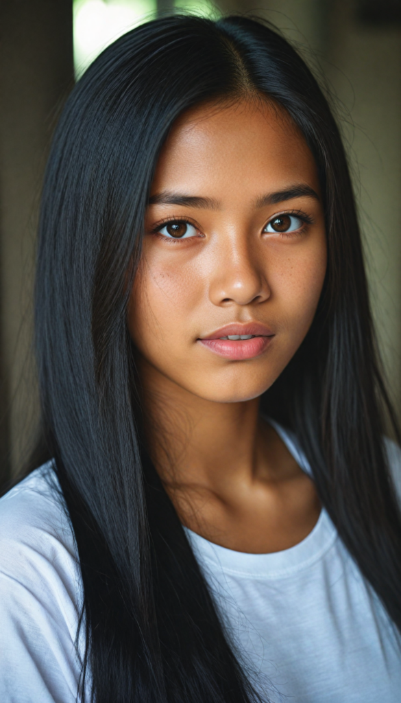 a stunning young detailed Indonesian girl, beautiful eyes, full lips, soft long obsidian straight hair, perfect portrait, white t-shirt