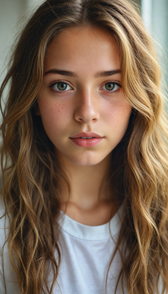 a stunning young detailed girl, beautiful eyes, full lips, soft long light brown wavy hair, perfect portrait, white t-shirt