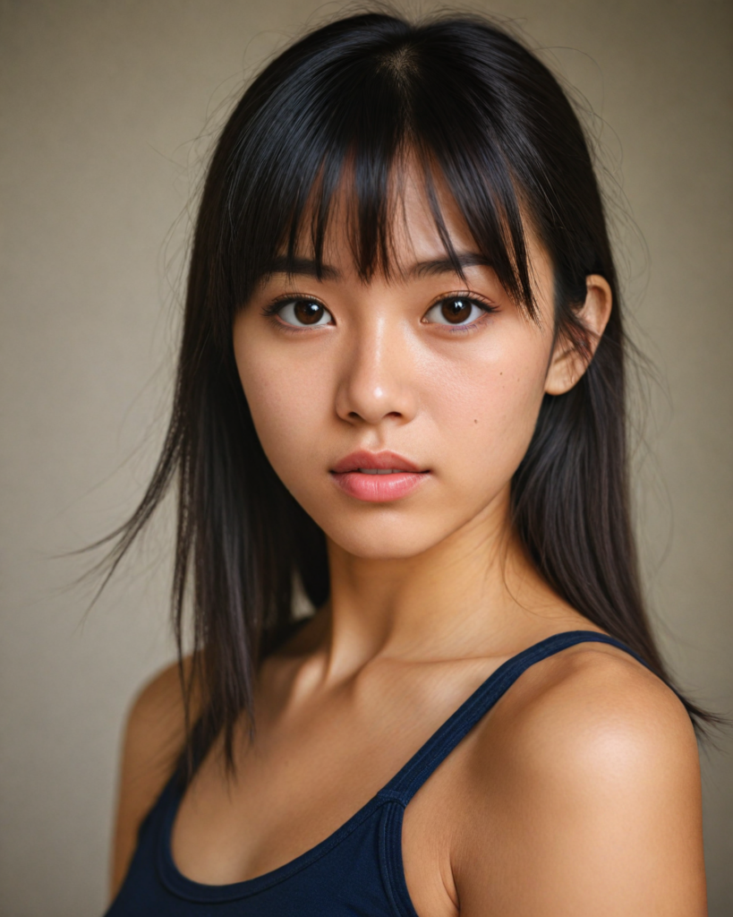 a detailed and realistic upper-body photo from a young Asian girl, with long straight very soft dark hair, bangs cut, round face, beautiful light amber eyes, full lips looks at the viewer, she wears a short cropped tank top