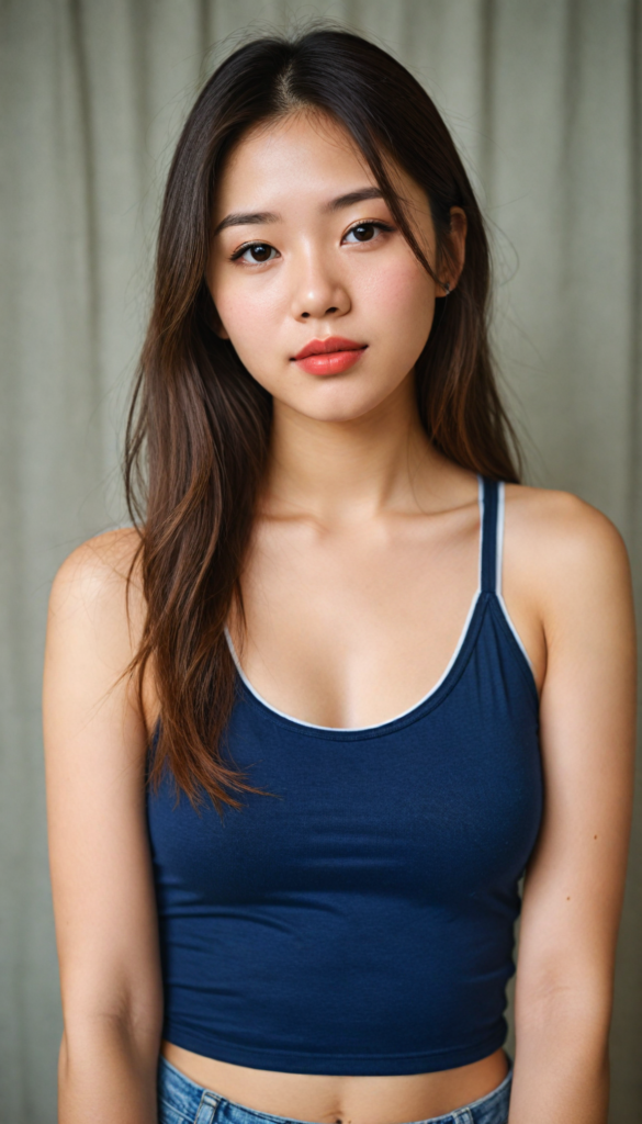 a (beautifully realistic cute Japanese teen girl), with long, flowing, voluminous, light brown soft hair, flawless (porcelain skin), a small flawless nose, and rosy red lips, dressed in a (plain very short tight revealing translucent tank top), posing confidently