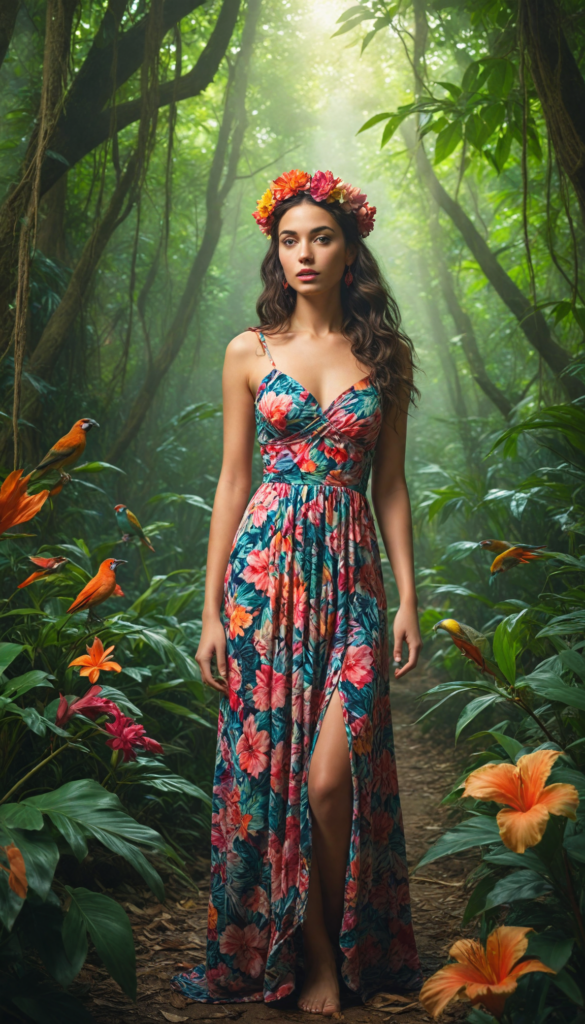 a breathtaking scene featuring a gorgeous and stunning girl with cascading hair, adorned in vibrant tropical flowers, standing amidst a lush jungle. Sunlight filters through dense green foliage, creating a magical dappled effect on her skin. She wears an elegant, flowing dress made of leaves and petals, blending seamlessly into the vibrant surroundings. The jungle teems with life; colorful birds flit through the air, and exotic plants frame the scene. The style combines elements of 21st-century fashion photography with the vivid colors and surreal details found in the works of artists like Henri Rousseau and Frida Kahlo.