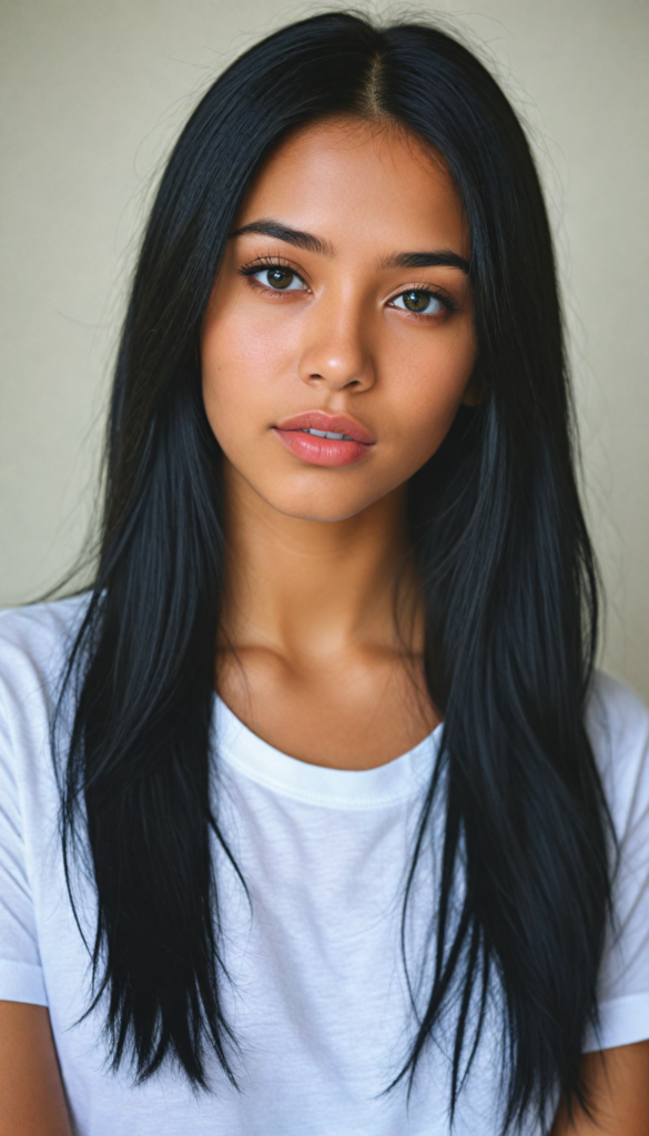 a stunning young detailed Exotic girl, beautiful eyes, full lips, soft long obsidian black straight hair, perfect portrait, white t-shirt