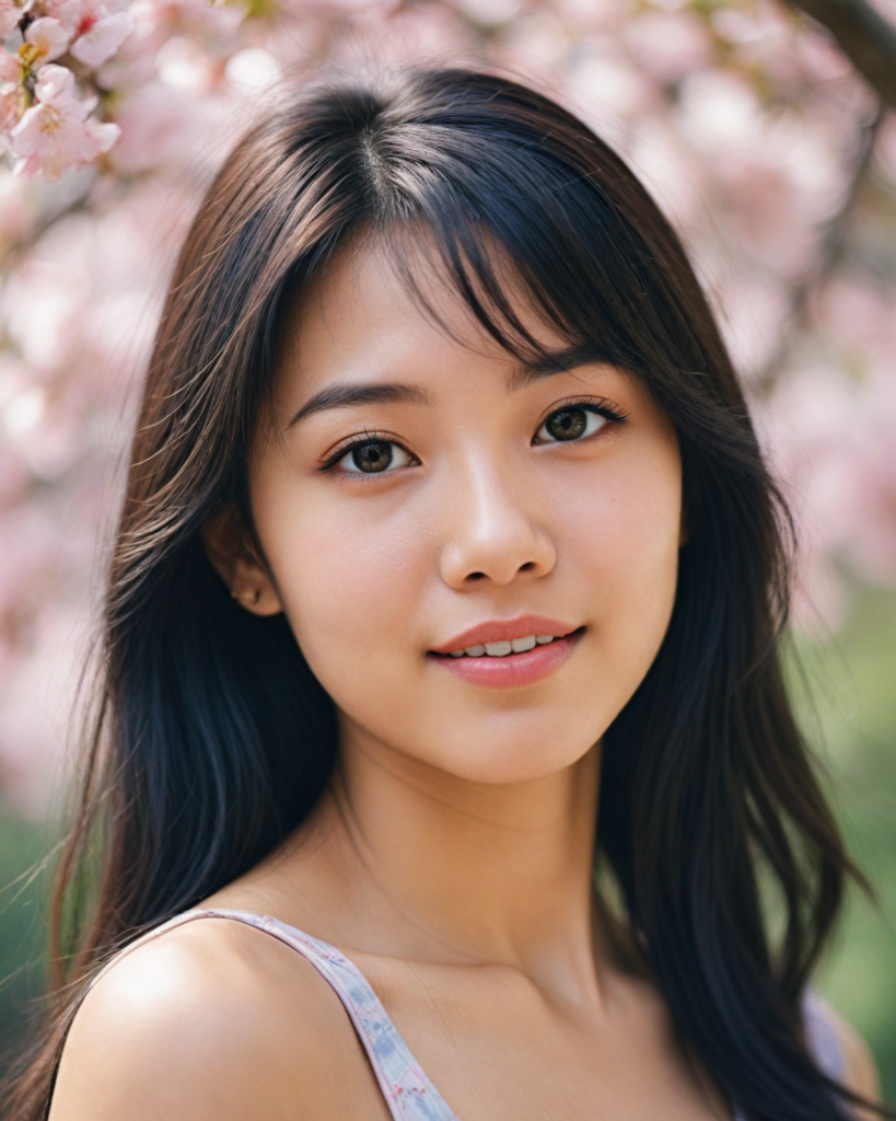 a beautifully captured upper-body portrait of a young Asian girl with long, silky dark hair cascading down her shoulders, elegantly highlighted by subtle sunlight. She has charming bangs framing her round face, which glows with youthful radiance. Her striking light amber eyes, reminiscent of shimmering honey, sparkle with curiosity as they engage the viewer directly. Her full lips are slightly curved into a gentle smile, adding warmth to the scene. She's dressed in a stylishly cropped tank top adorned with intricate floral patterns, infused with vibrant colors, set against a softly blurred, dreamy background of blooming cherry blossoms, evoking a sense of springtime wonder and innocence, reminiscent of a blend between contemporary portrait photography and soft impressionistic art.