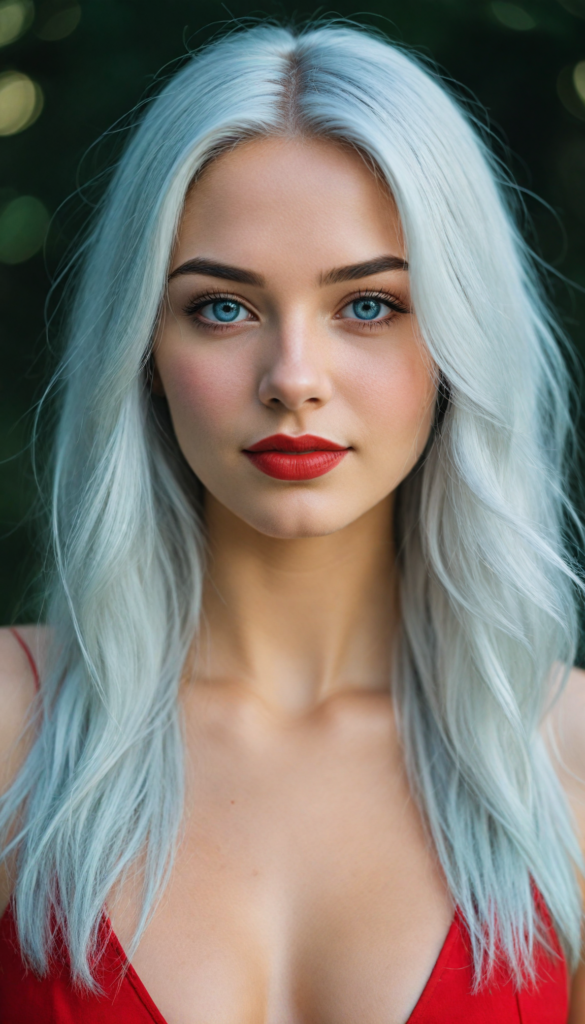 a (very beautiful teenage girl), with long, flowing, voluminous (detailed soft white hair), styled in a sleek, shiny, straight haircut with sharp, defined (full red lips), emitting an ethereal glow that complements her otherwise natural features, dressed in a (bikini, deep v-neck), perfect curved fit body, round realistic face, round shiny light blue eyes