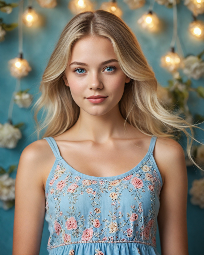 an enchanting portrait of a young girl with long, flowing, silken light blond hair that cascades gently over her shoulders, her round face illuminated by soft, ethereal lighting, sparkling light blue eyes gleaming with curiosity and warmth, full, rosy lips curved into a gentle smile as she gazes directly at the viewer. She wears a stylish, intricately patterned cropped tank top that adds a touch of bohemian flair to the composition, surrounded by a dreamy background of pastel florals and whimsical, twinkling fairy lights, evoking a sense of youthful wonder and serene beauty, captured in a hyper-realistic style reminiscent of classical portrait painting blended with modern digital artistry.