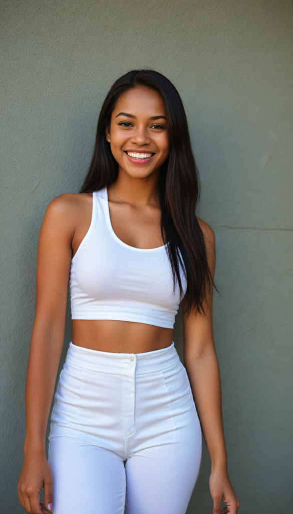 a (brown-skinned teen girl) with a joyful and sunny smile, wearing a sleek and fitted short crop white tank top that showcases her perfect, curves, captured in a (flawless portrait), with black long straight smooth hair