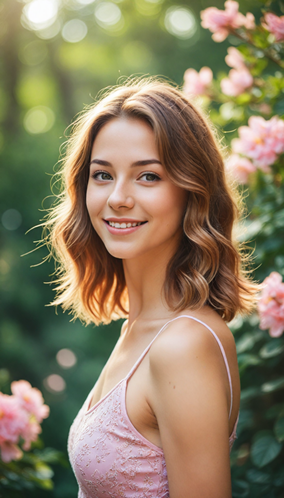 a vivacious teen girl with an infectious and radiant smile, adorned in a stylishly tailored short crop pink tank top that elegantly accentuates her graceful curves, captured in a breathtaking portrait reminiscent of a contemporary fashion illustration, featuring long, lustrous, straight hazelnut hair that gracefully cascades down her shoulders like a waterfall, bathed in warm sunlight filtering through a blooming garden, with soft bokeh effects and delicate floral accents enhancing the joyous atmosphere.