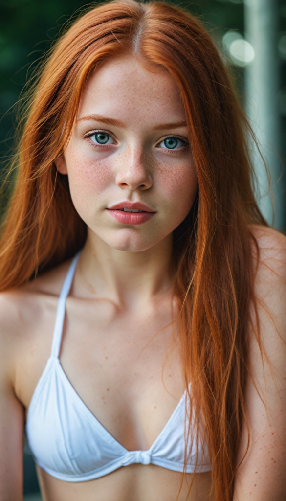 a upper-body portrait from a cute young girl with long, straight red hair, super detailed face, detailed eyes, full lips, white bikini