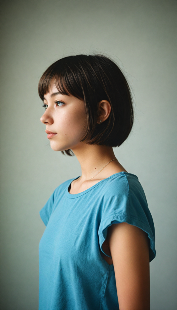 a (vividly drawn cute teen girl) with a (perfectly curved silhouette) and illustrative details that convey youthful cuteness, bob cut, shoulder-length hair