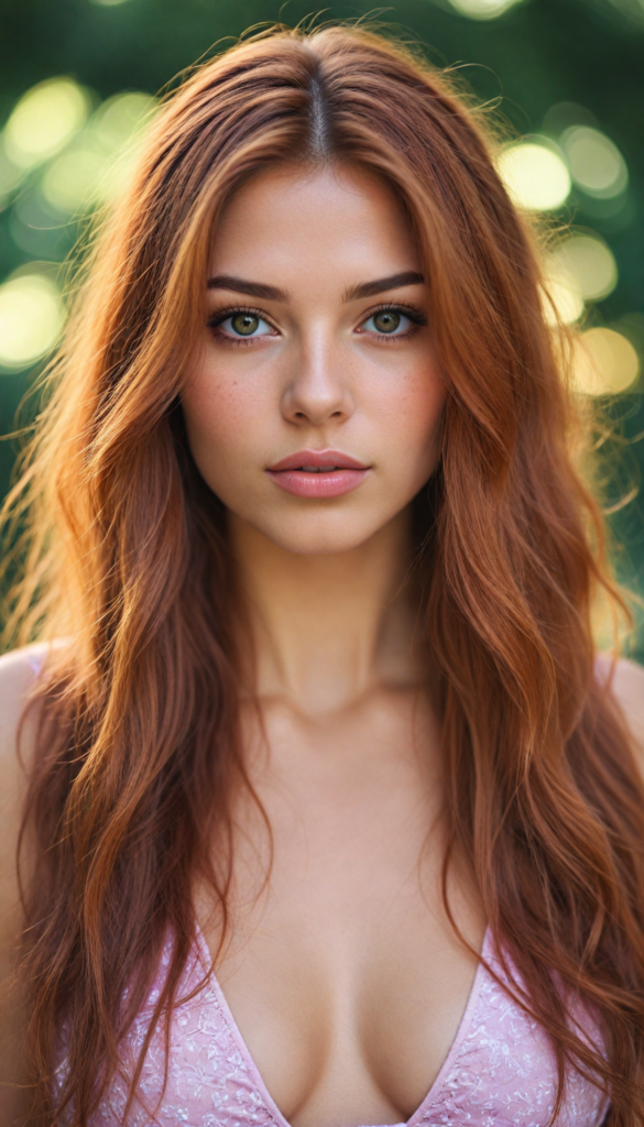 a full upper-body photo from a (very beautiful teenage girl), with long, flowing, voluminous (detailed soft red amber hair), styled in a sleek, shiny, straight haircut with sharp, defined (full red lips), emitting an ethereal glow that complements her otherwise natural features, dressed in a (pink bikini, deep v-neck), perfect curved fit body, round realistic face, round shiny amber eyes, full kissable lips