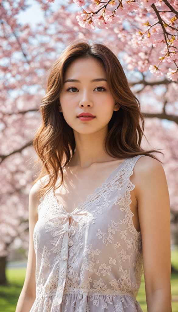 a stunningly realistic portrayal of a whimsical Japanese teen girl, with cascading, voluminous waves of silky light brown hair adorned with delicate cherry blossom clips, her flawless porcelain skin glowing softly in the warm sunlight, featuring a petite, perfectly shaped nose and inviting rosy red lips. She is dressed in an ethereal, sheer tank top that dances with the breeze, revealing intricate patterns of lace, as she poses confidently against a backdrop of vibrant cherry blossom trees, capturing the essence of springtime grace and youth. The scene is infused with a dreamy, pastel color palette reminiscent of Impressionist painters, evoking a sense of tranquility and beauty.