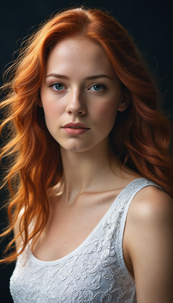 A strikingly realistic and detailed portrait of a young woman with long, flowing jet red hair that cascades softly over her shoulders, illuminated by gentle, ethereal lighting against a deep black background. Captured in a dynamic side view, she wears a delicate, cropped white tank top crafted from luxurious filigree wool, subtly accentuating her graceful form. The low light casts soft shadows that enhance her features, while whimsical elements like shimmering sparks or floating petals weave through the composition, adding an enchanting atmosphere to this serene yet captivating moment.