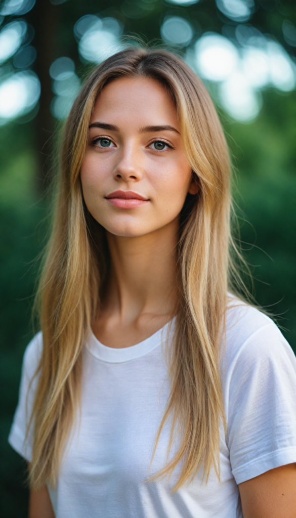 a stunning and gorgeous young girl with soft, long straight jet gold hair, captured in a perfect portrait style. She wears a simple white t-shirt that contrasts beautifully with her radiant features. The background is a dreamy, blurred landscape bathed in soft pastel colors, reminiscent of an impressionist painting. The lighting is warm and ethereal, highlighting her expressive eyes and gentle smile, evoking a sense of serenity and grace.