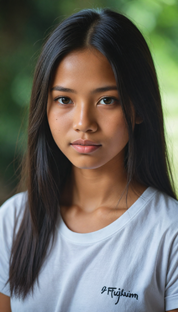 a stunning young detailed Indonesian girl, beautiful eyes, full lips, soft long obsidian straight hair, perfect portrait, white t-shirt