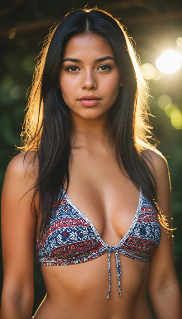 upper-body, a (beautifully realistic cute busty Indigenous teen girl), with long, jet hair, flawless (tanned skin), a small flawless nose, and rosy red lips, dressed in a (plain very short tight revealing translucent bikini), posing confidently