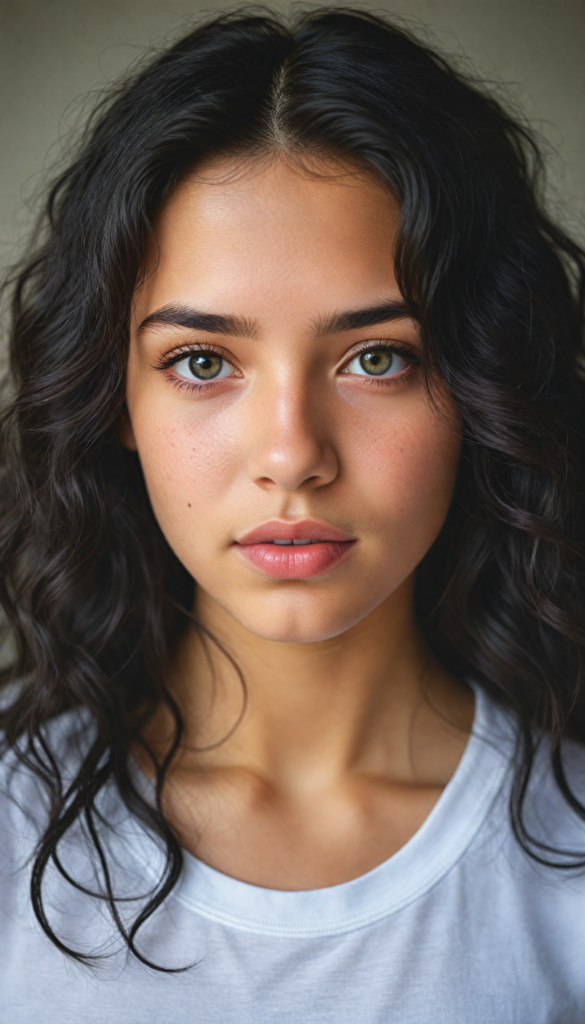 a stunning young detailed girl, beautiful eyes, full lips, soft long obsidian black wavy hair, perfect portrait, white t-shirt