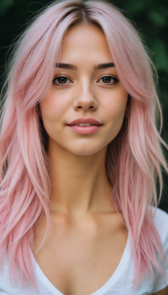 detailed and realistic close-up portrait: a (beautiful petite girl, with (long straight soft detailed light pink hair), side swept style with wispy layers) and brown eyes), looks seductively and smiles gently, who exudes a distinct (sharpness), coupled with (pale skin) and (vividly full lips) that curve into, dressed in a (light pink plain t-shirt, deep v-neck)