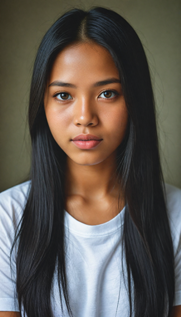 a stunning young detailed Indonesian girl, beautiful eyes, full lips, soft long obsidian straight hair, perfect portrait, white t-shirt