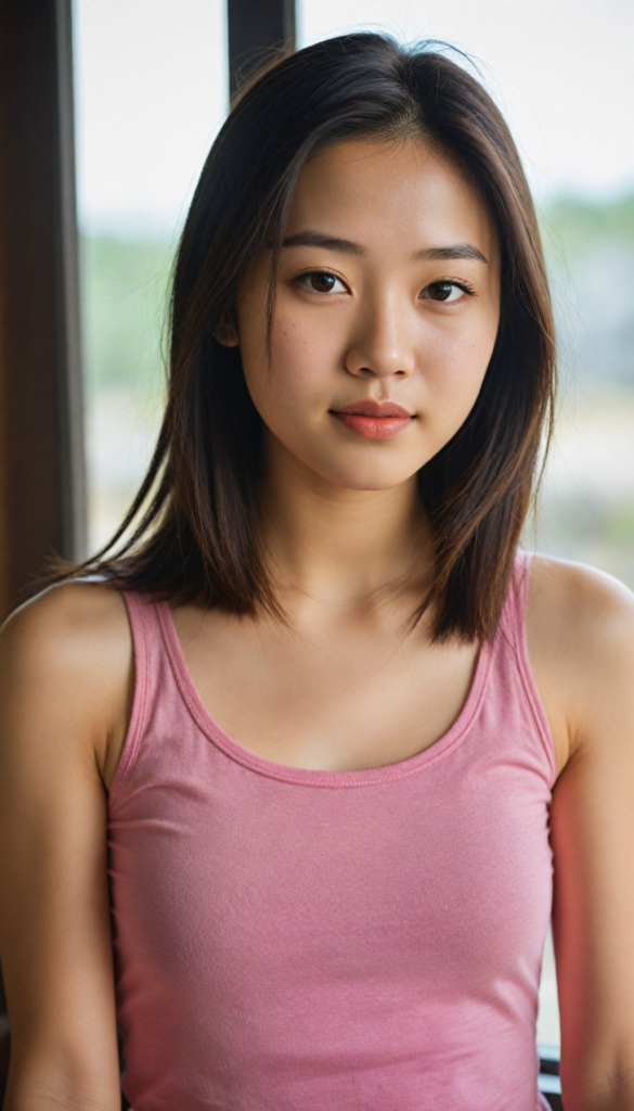 a (beautifully realistic cute Chinese teen girl), with long, flowing, voluminous, light brown soft hair, flawless (porcelain skin), a small flawless nose, and rosy red lips, dressed in a (plain very short tight revealing translucent tank top), posing confidently, Mongolian