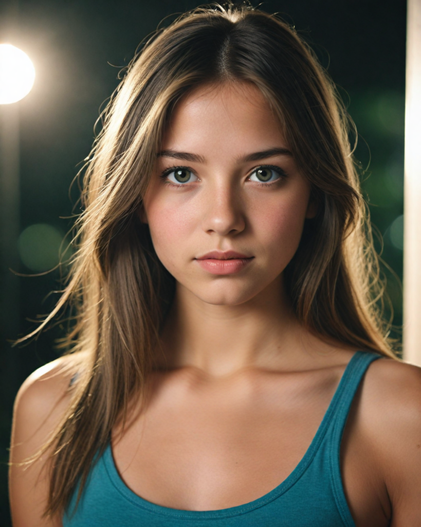 a detailed and realistic upper-body photo from a young girl, with long straight very soft hair, round face, beautiful eyes, full lips looks at the viewer, she wears a short cropped tank top