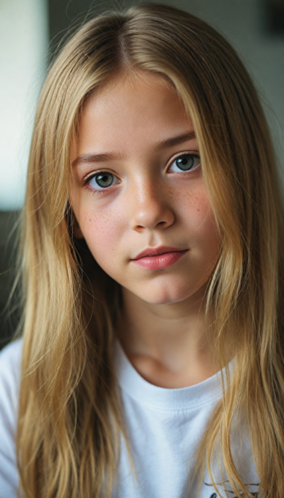 a stunning young girl, soft long gold hair, perfect portrait, white t-shirt