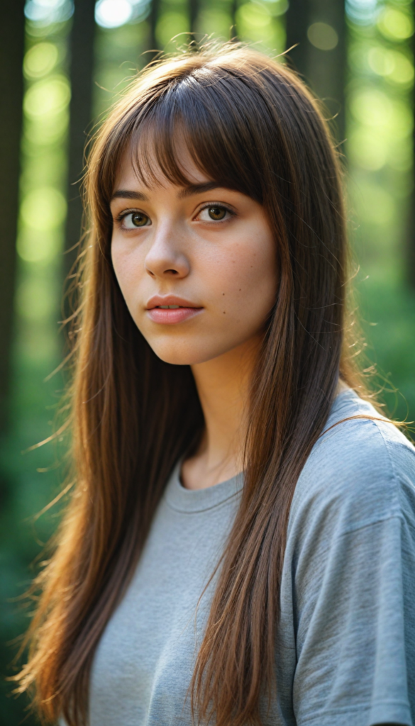 high detailed and realistic upper body portrait from a breathtakingly beautiful natural (18-year-old girl) with warm amber eyes and luxuriously thick (light brown detailed long smooth straight hair, bangs), full lips, (wears a light brown form-fitting plain t-shirt that support her perfect body, stands in an autumnal forest)