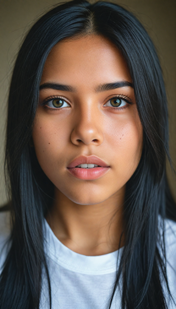 a stunning young detailed Exotic girl, beautiful eyes, full lips, soft long obsidian black straight hair, perfect portrait, white t-shirt